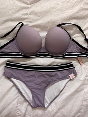 Victoria's Secret PINK Lavender Bikini with Black & White Stripe Band Large